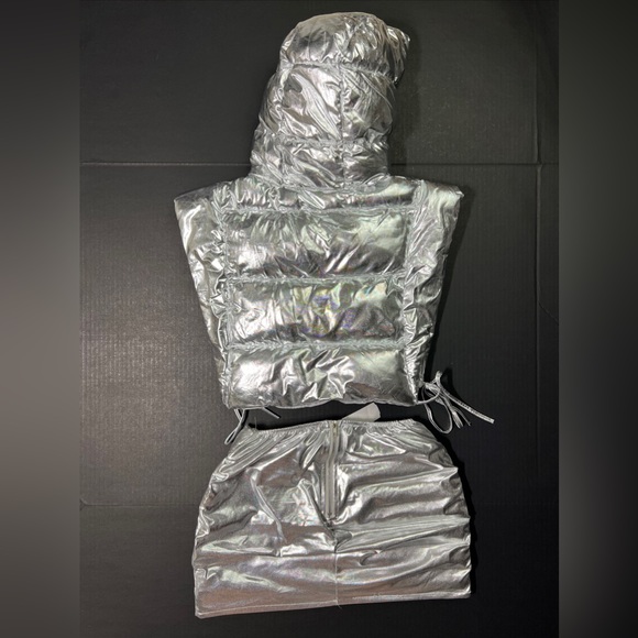 Half Heart Silver Metallic Shiny Vest Skirt Set Padded Qulited Puffer Womens S - Picture 2 of 15